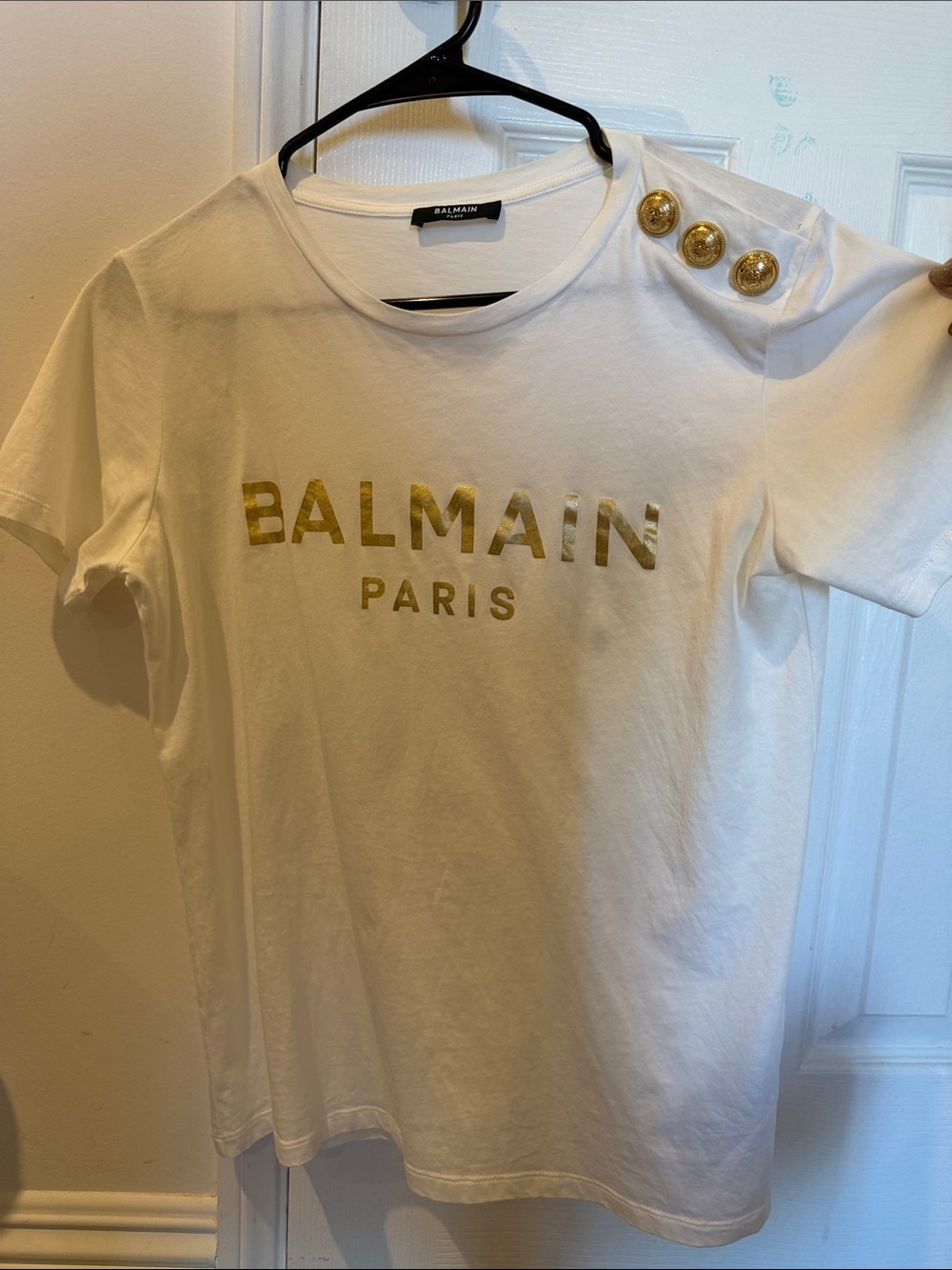 Balmain White Gold Logo T-Shirt w/ Gold Shoulder Buttons XS - Picture 6 of 7